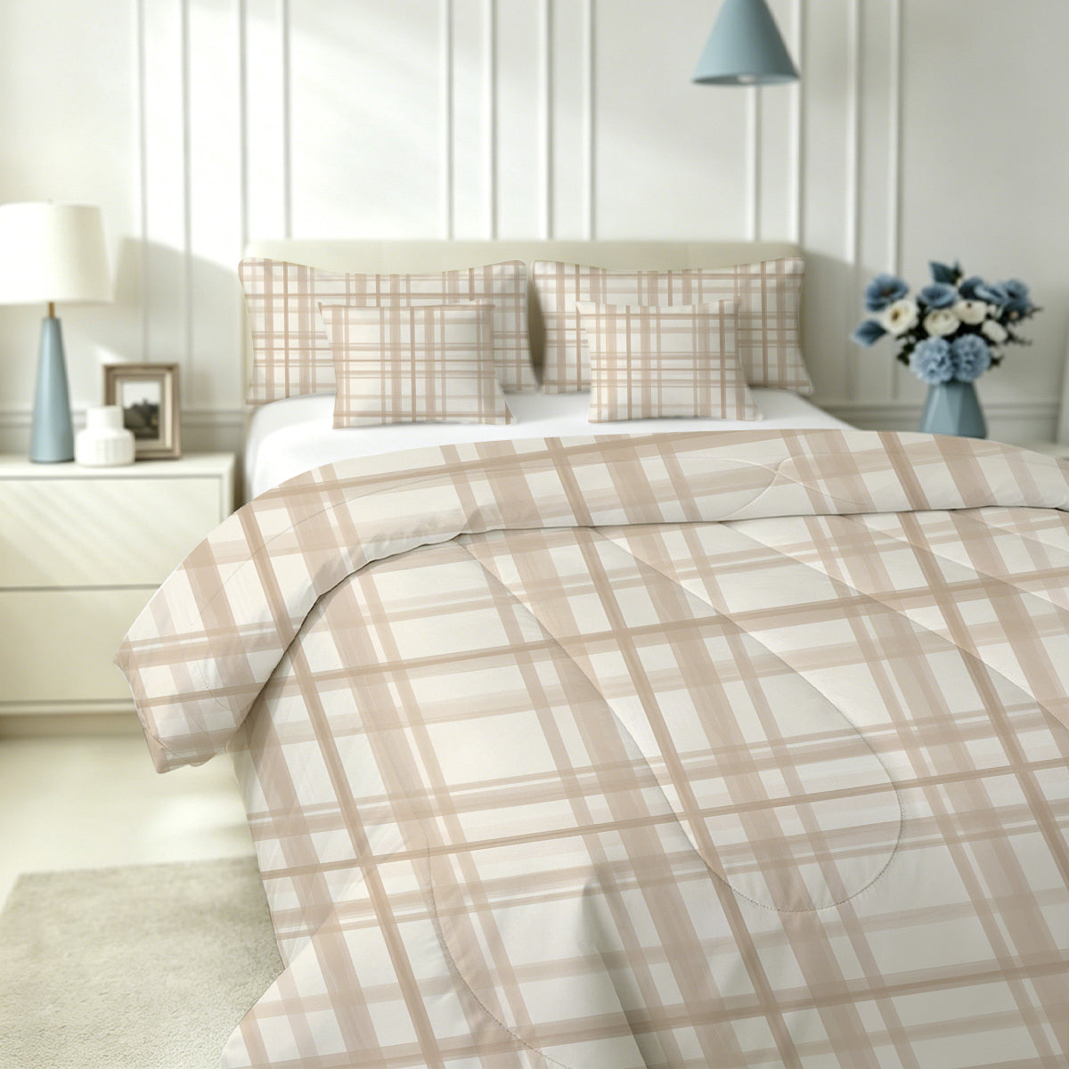 Liveonus 7pc Beige Neutral Plaid Comforter Set All Season Bedding