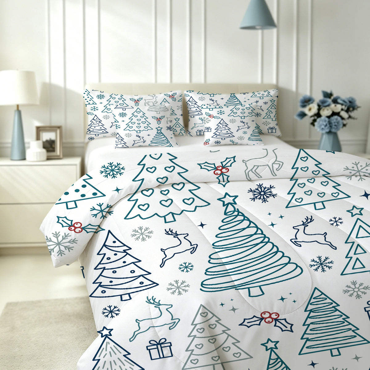 Liveonus 7pc Minimalist Line Art Christmas Tree Complete Bed In A Bag Comforter Set