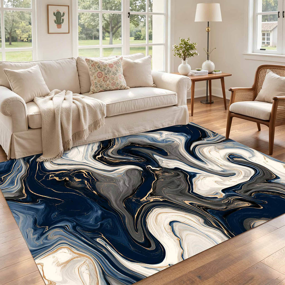 Marble Swirl Fluid Abstract Gold Vein Non‑Slip Area Rug