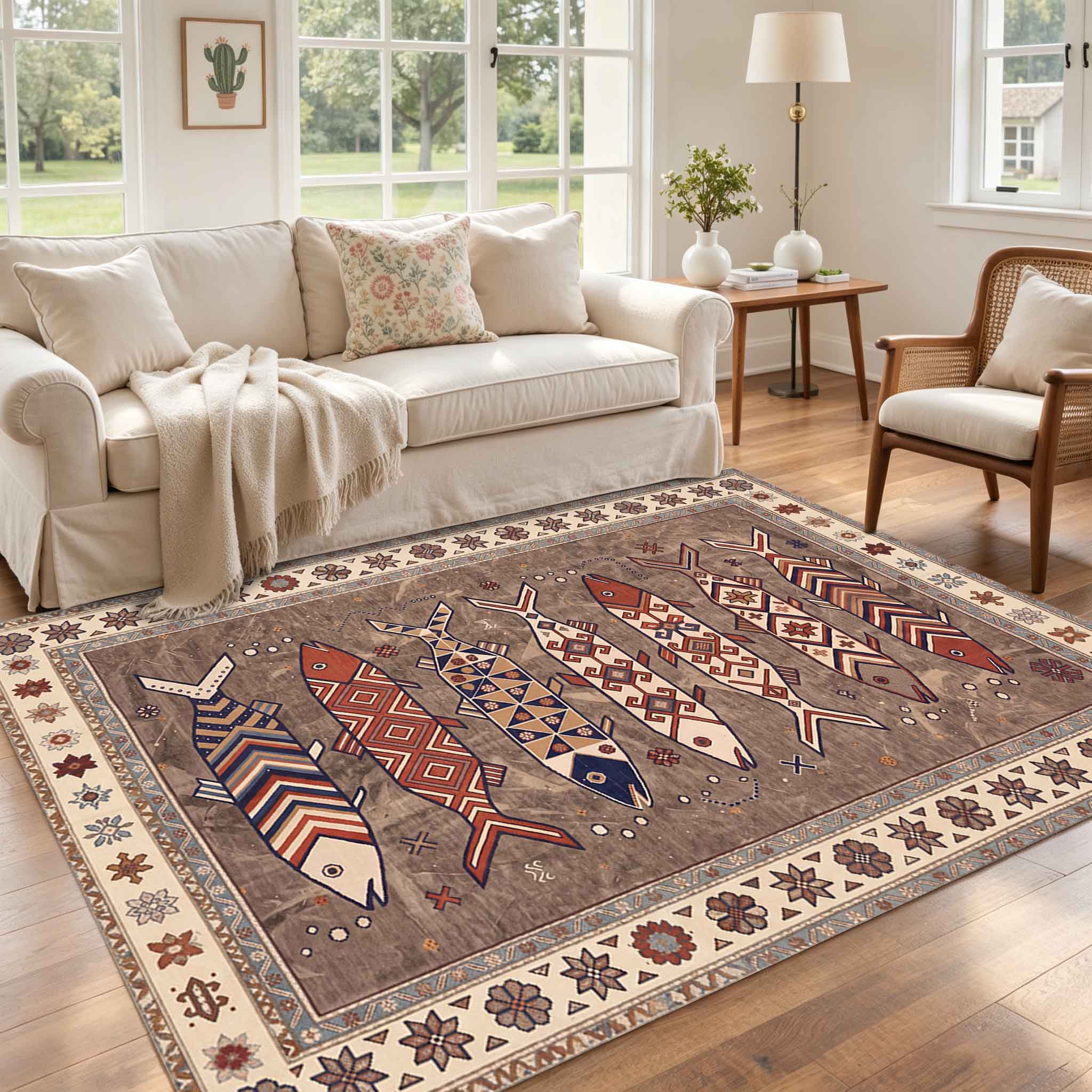 Vintage Boho Fish Non Slip Washable Area Rug