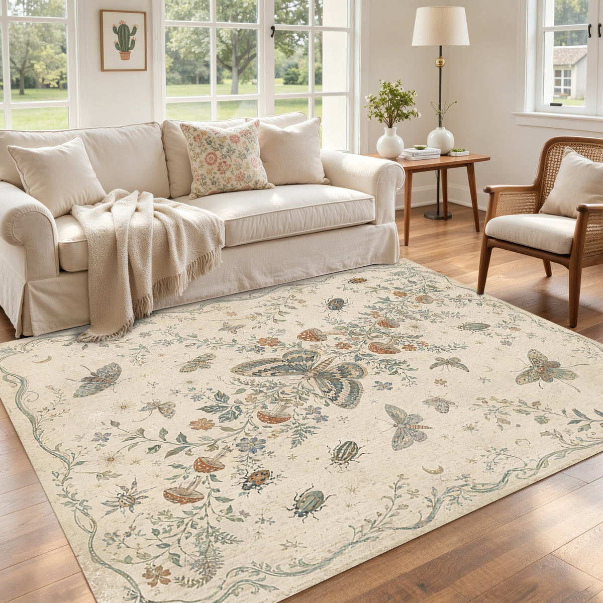 Vintage Floral & Butterfly Botanical Non Slip Washable Area Rug