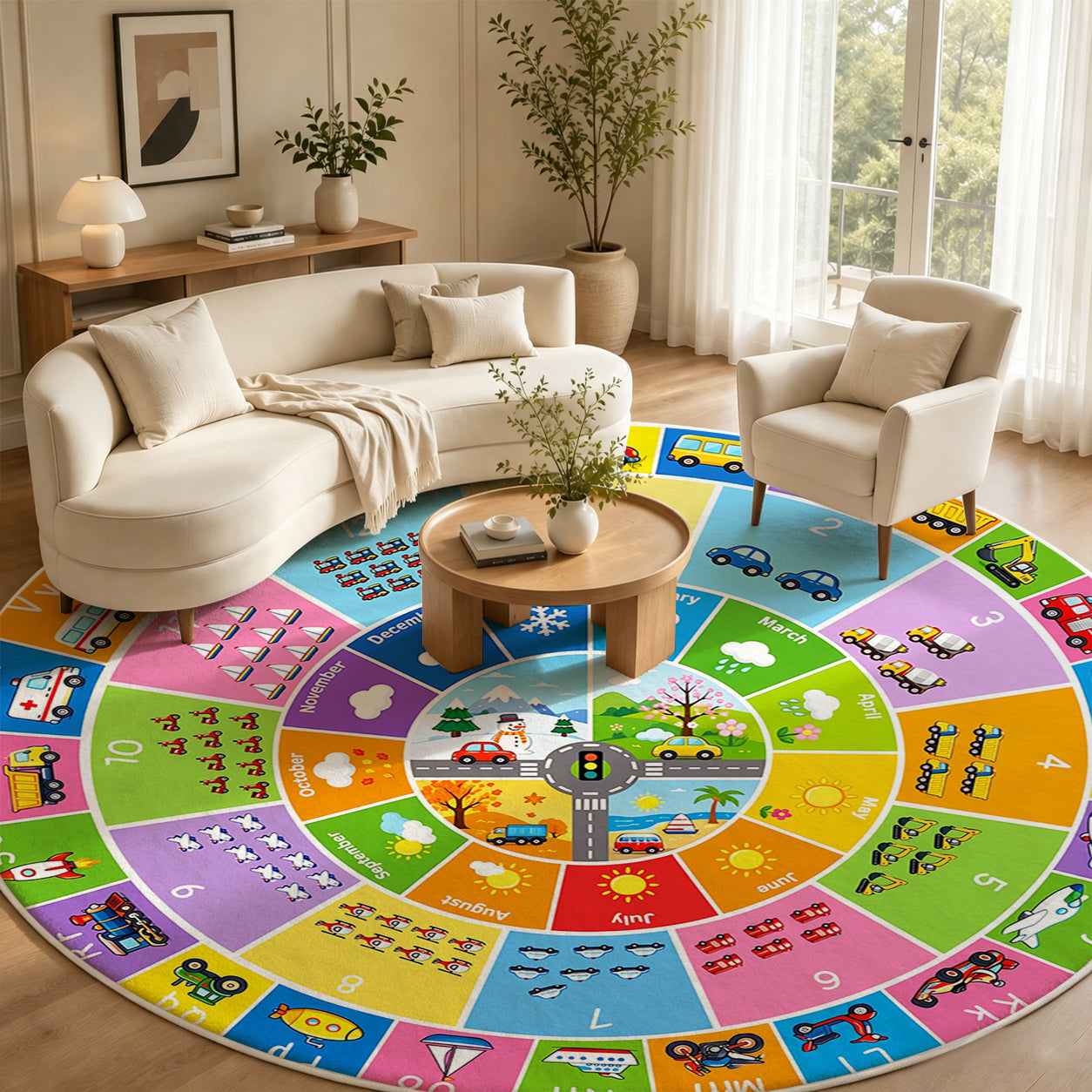 Round Colorful Alphabet Number Kids Area Rug