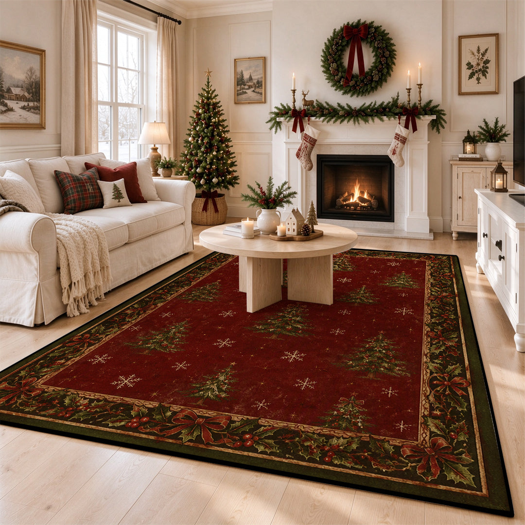 Vintage Christmas Tree Holly Berry Washable Area Rug