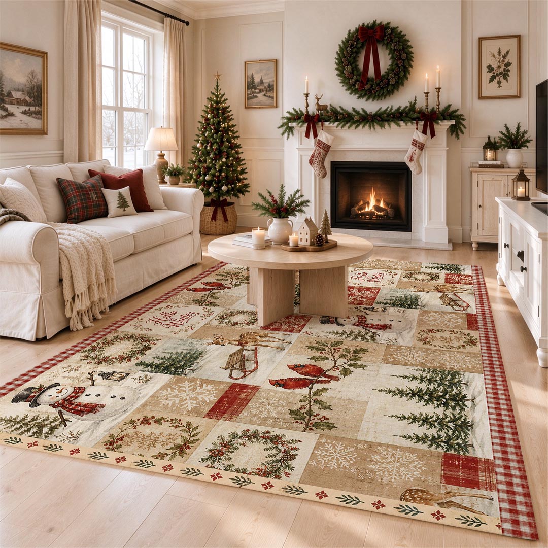 Hello Winter Patchwork Christmas Non‑Slip Washable Area Rug
