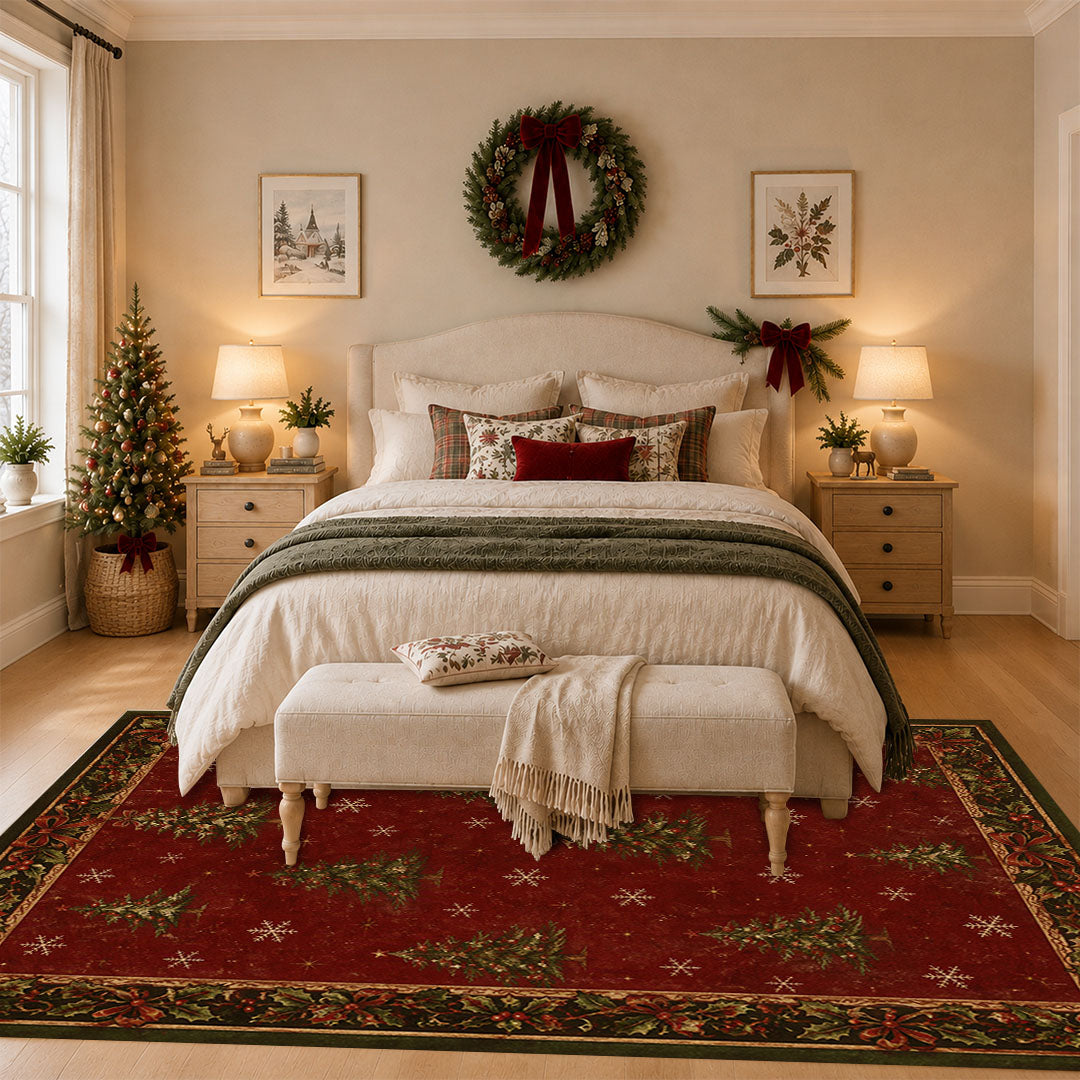 Vintage Christmas Tree Holly Berry Washable Area Rug
