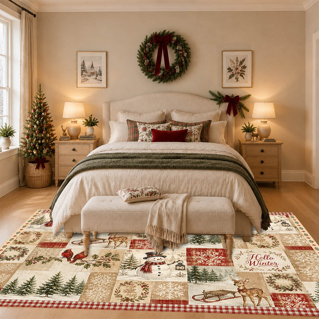 Hello Winter Patchwork Christmas Non‑Slip Washable Area Rug
