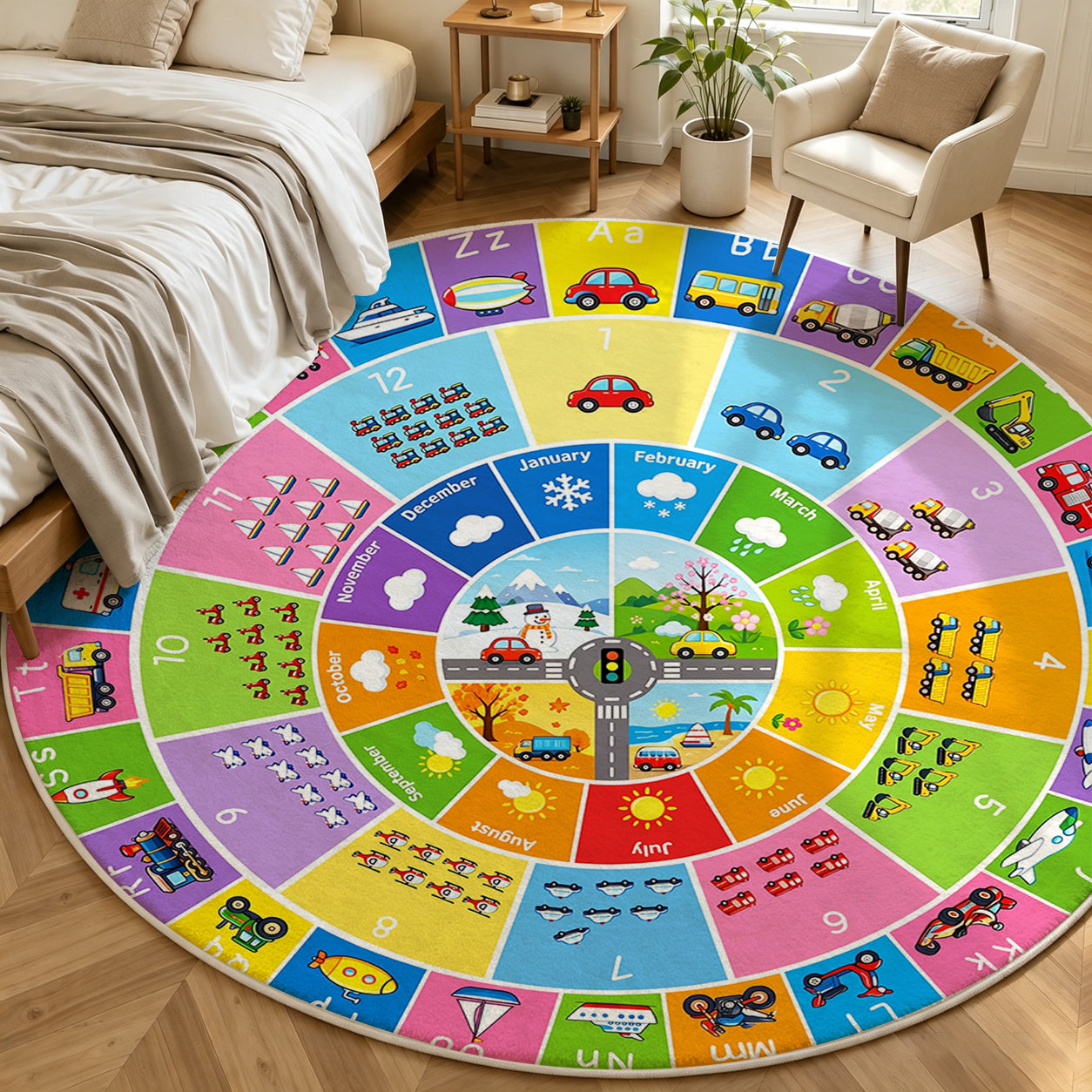 Round Colorful Alphabet Number Kids Area Rug