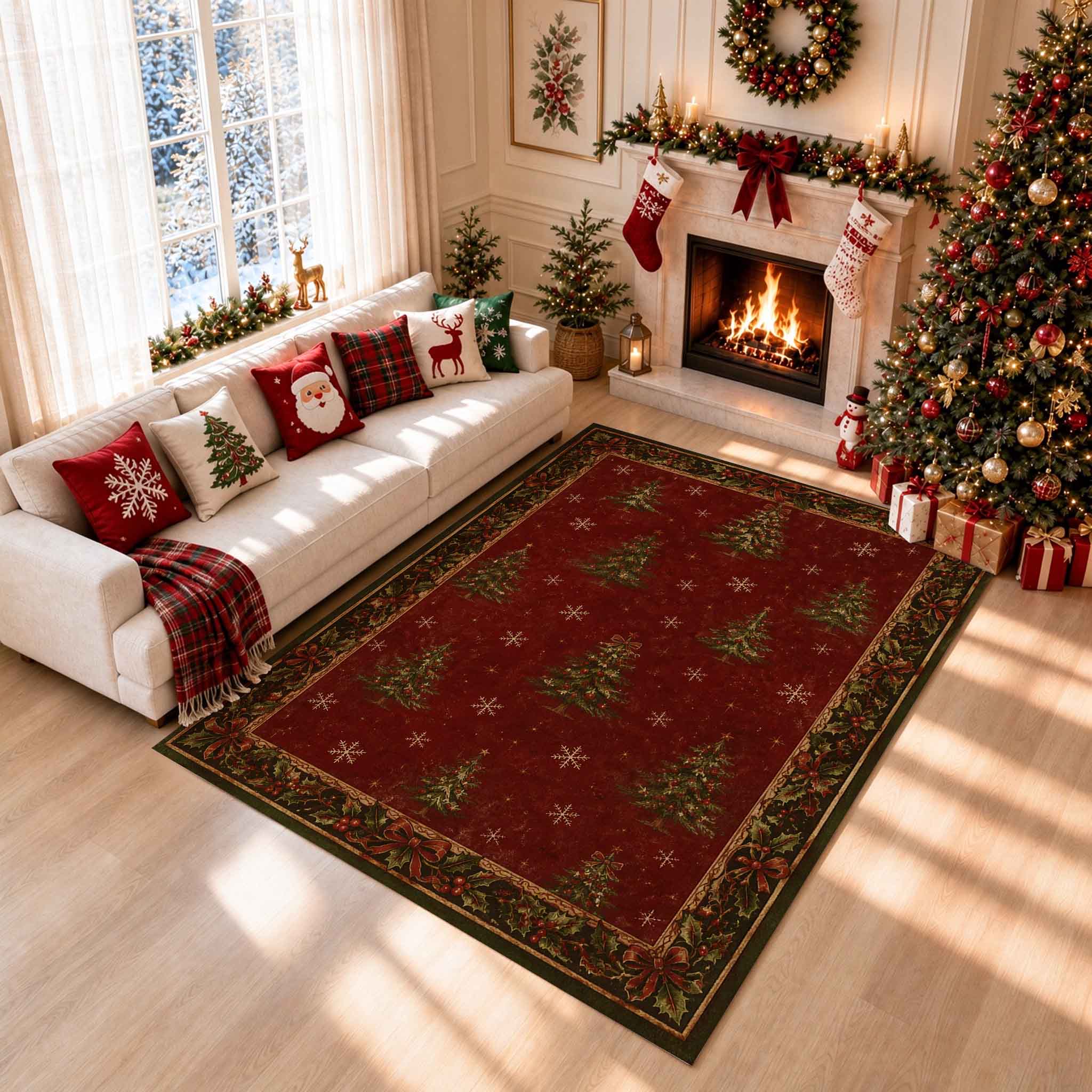 Vintage Christmas Tree Holly Berry Washable Area Rug