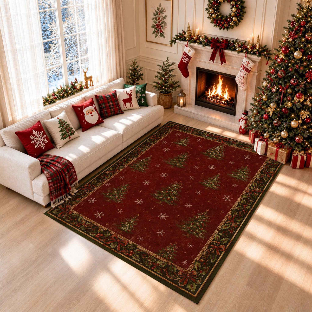 Vintage Christmas Tree Holly Berry Washable Area Rug