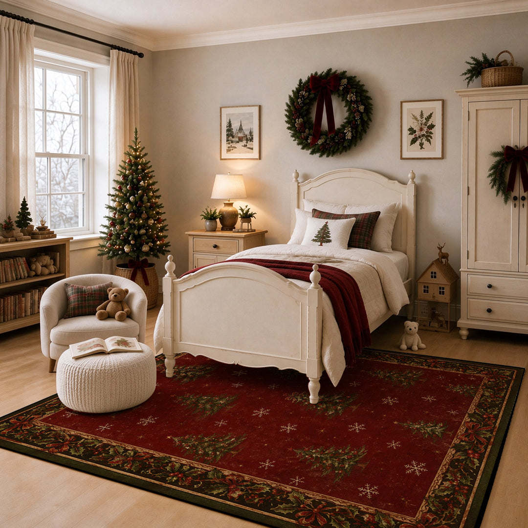 Vintage Christmas Tree Holly Berry Washable Area Rug