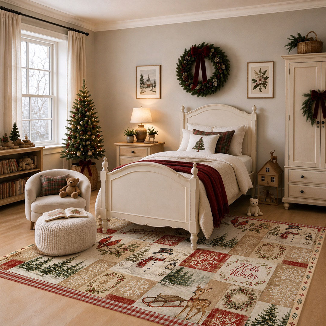 Hello Winter Patchwork Christmas Non‑Slip Washable Area Rug