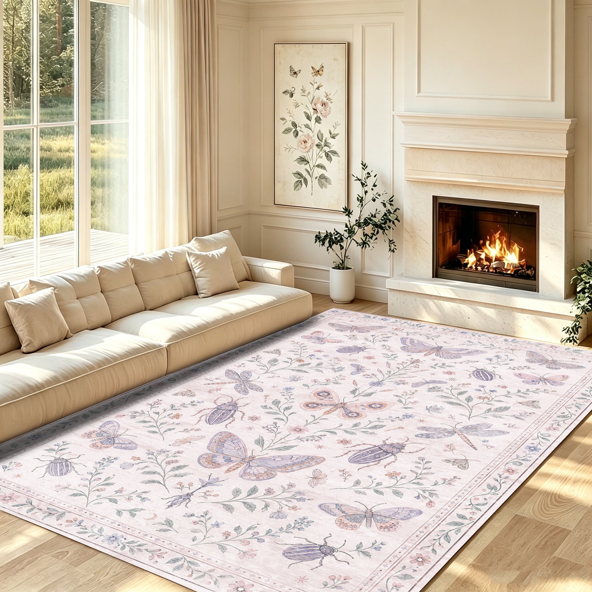 Liveonus Vintage Butterfly Insect Botanical Washable Area Rug