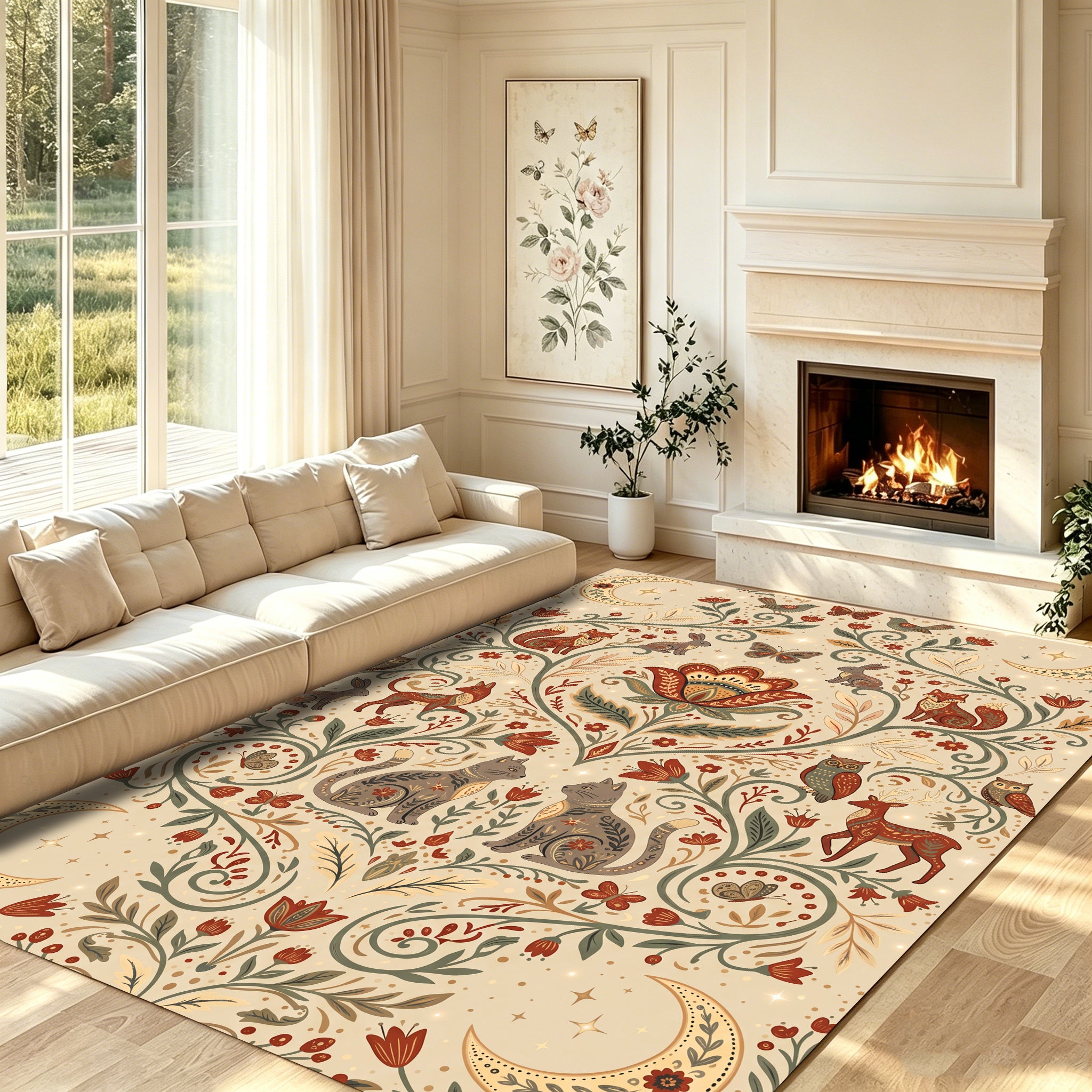 Liveonus Folk Art Forest Animal Moon Floral Washable Area Rug