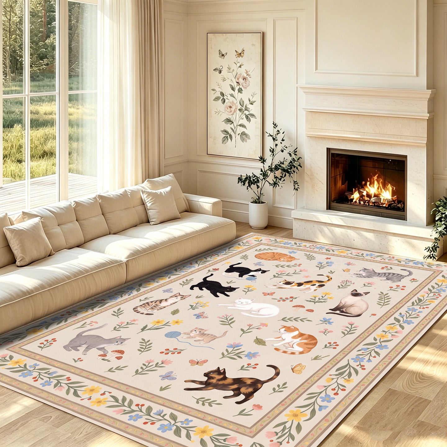 Liveonus Cute Cartoon Cat Floral Washable Area Rug