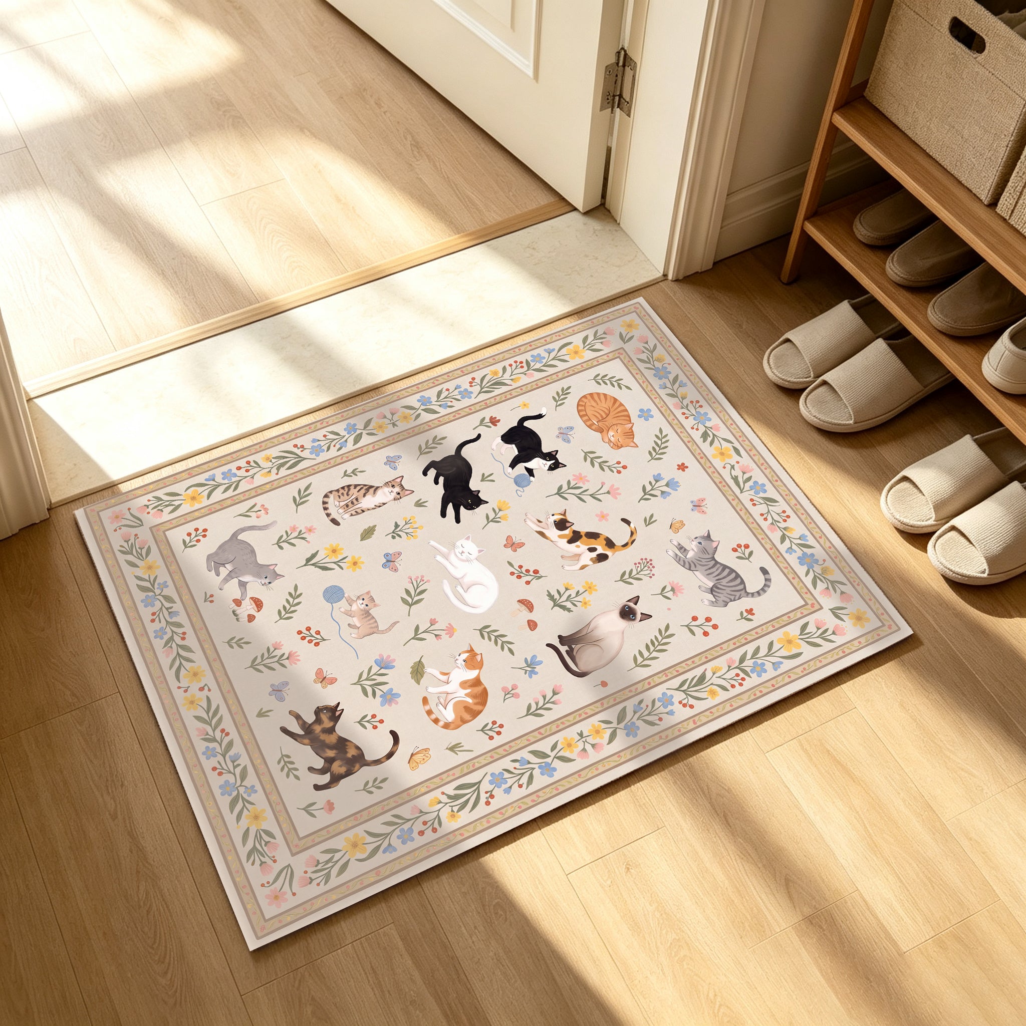 Liveonus Cute Cartoon Cat Floral Washable Area Rug