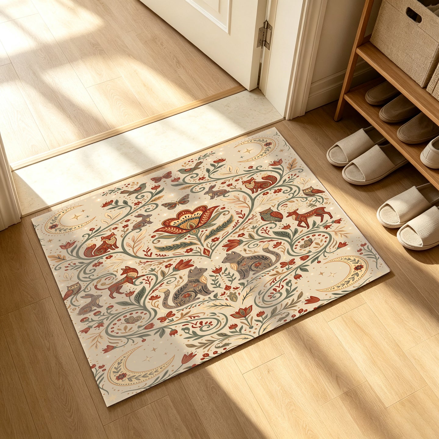 Liveonus Folk Art Forest Animal Moon Floral Washable Area Rug