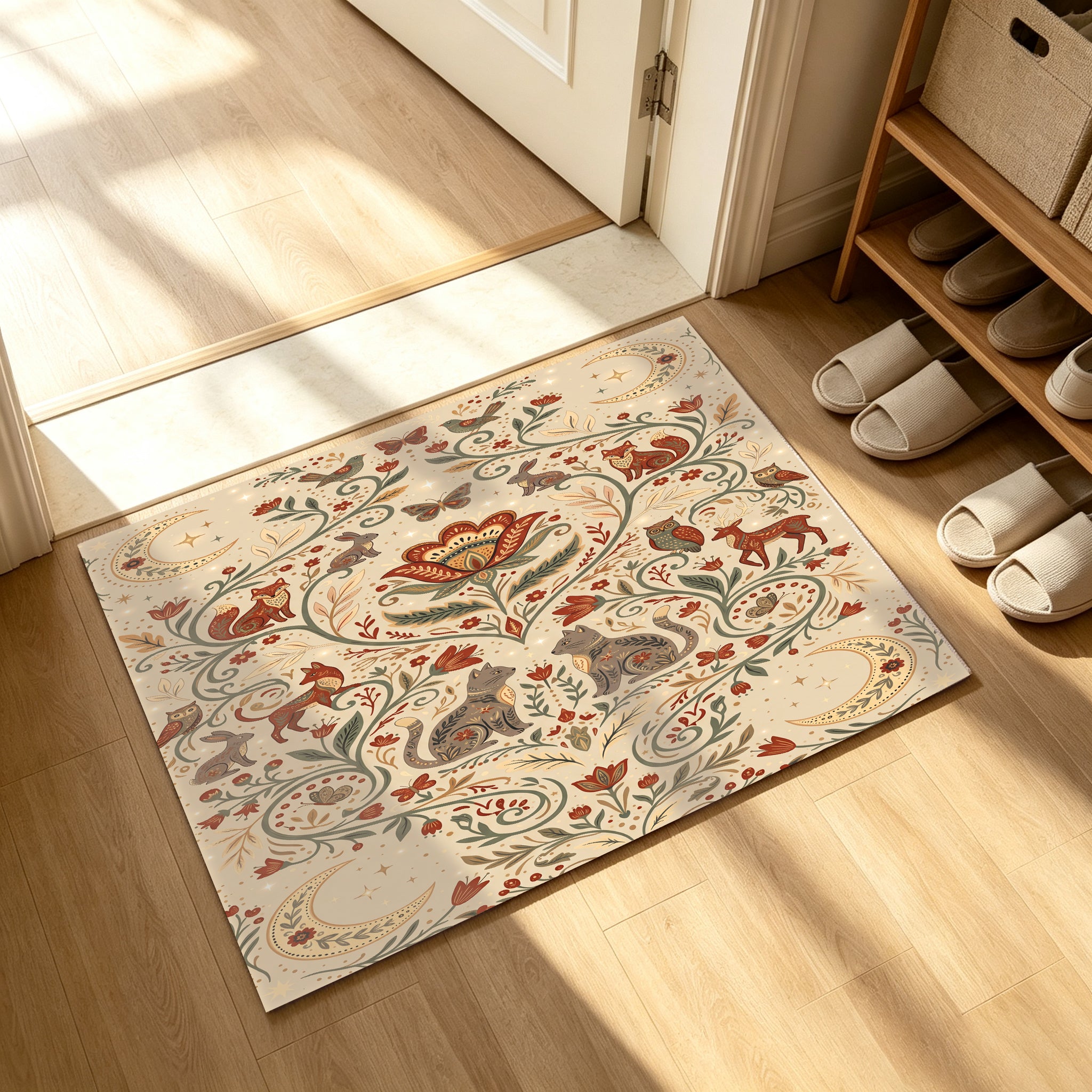 Liveonus Folk Art Forest Animal Moon Floral Washable Area Rug